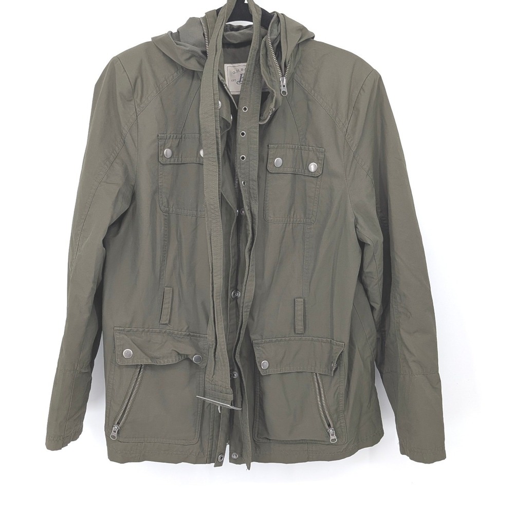 G.H. Bass Utility Jacket Womens Large Olive Green Hooded Belted Field‎ Coat